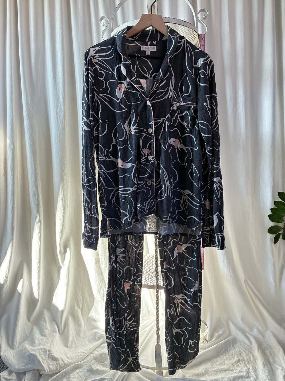 PJ Salvage Pajama Set Love Lines Charcoal Gray Pink White Pink Piping Size Med